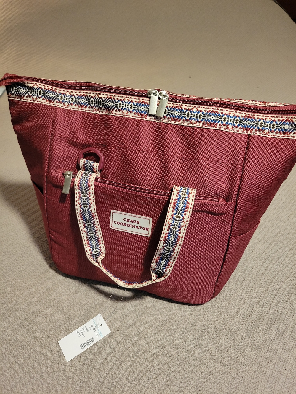 MAURICES Burgundy Insulated Tote with Patterned Trim